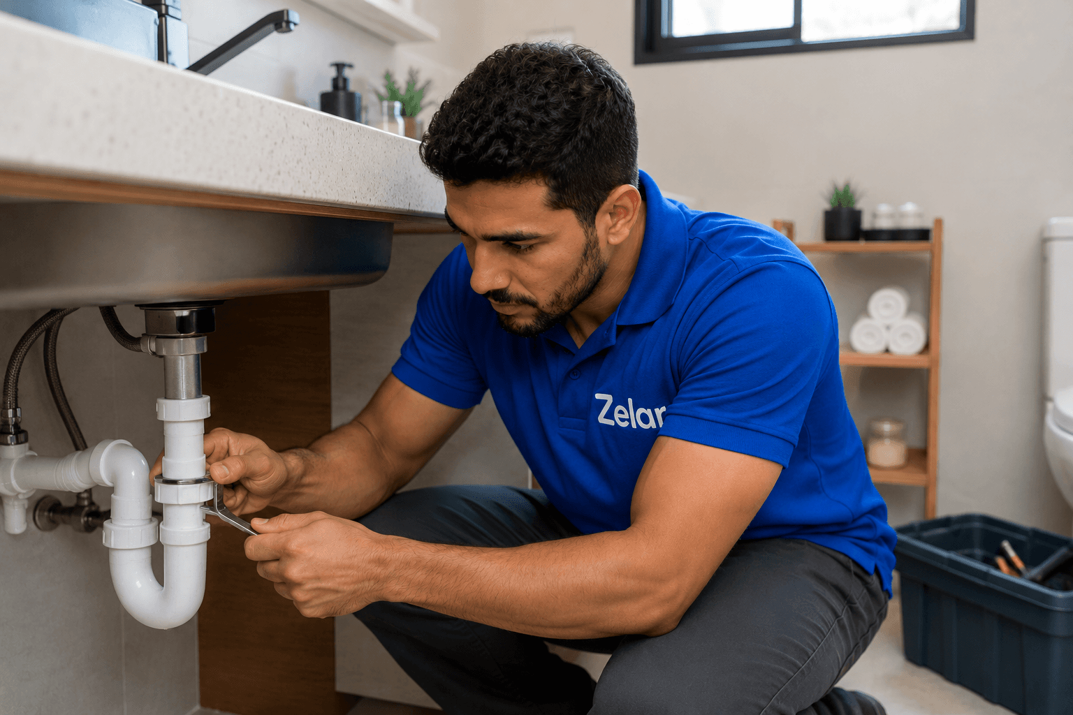 Profissional Zelar realizando um reparo hidráulico